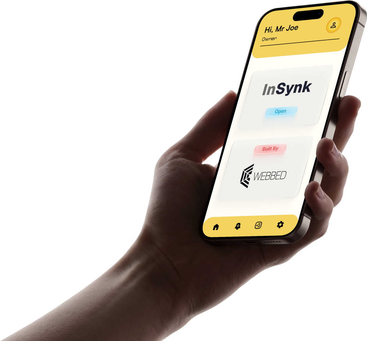 Hand holding a phone showing the InSynk app welcome screen