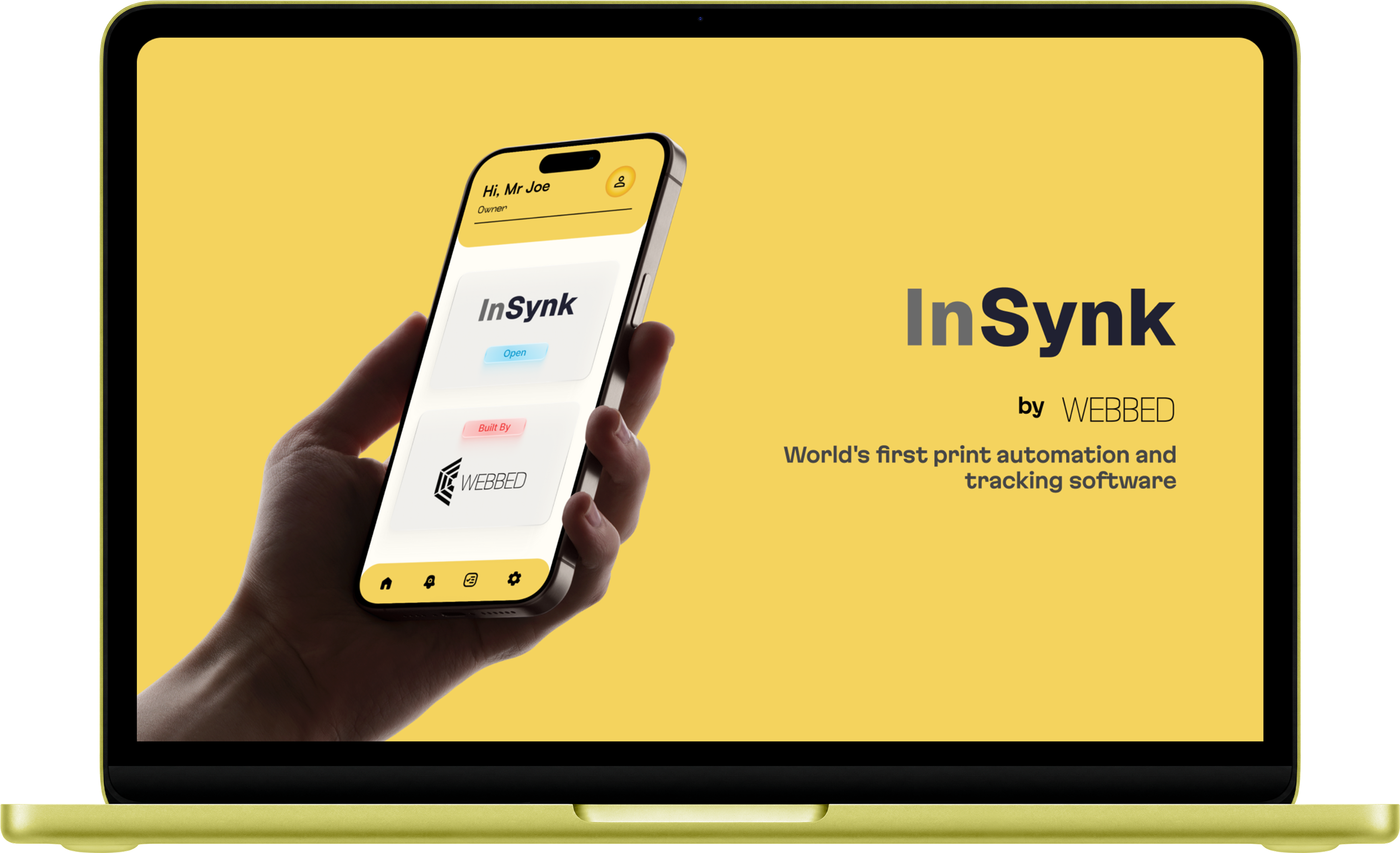 InSynk running on a laptop, with the phone app held in a hand
